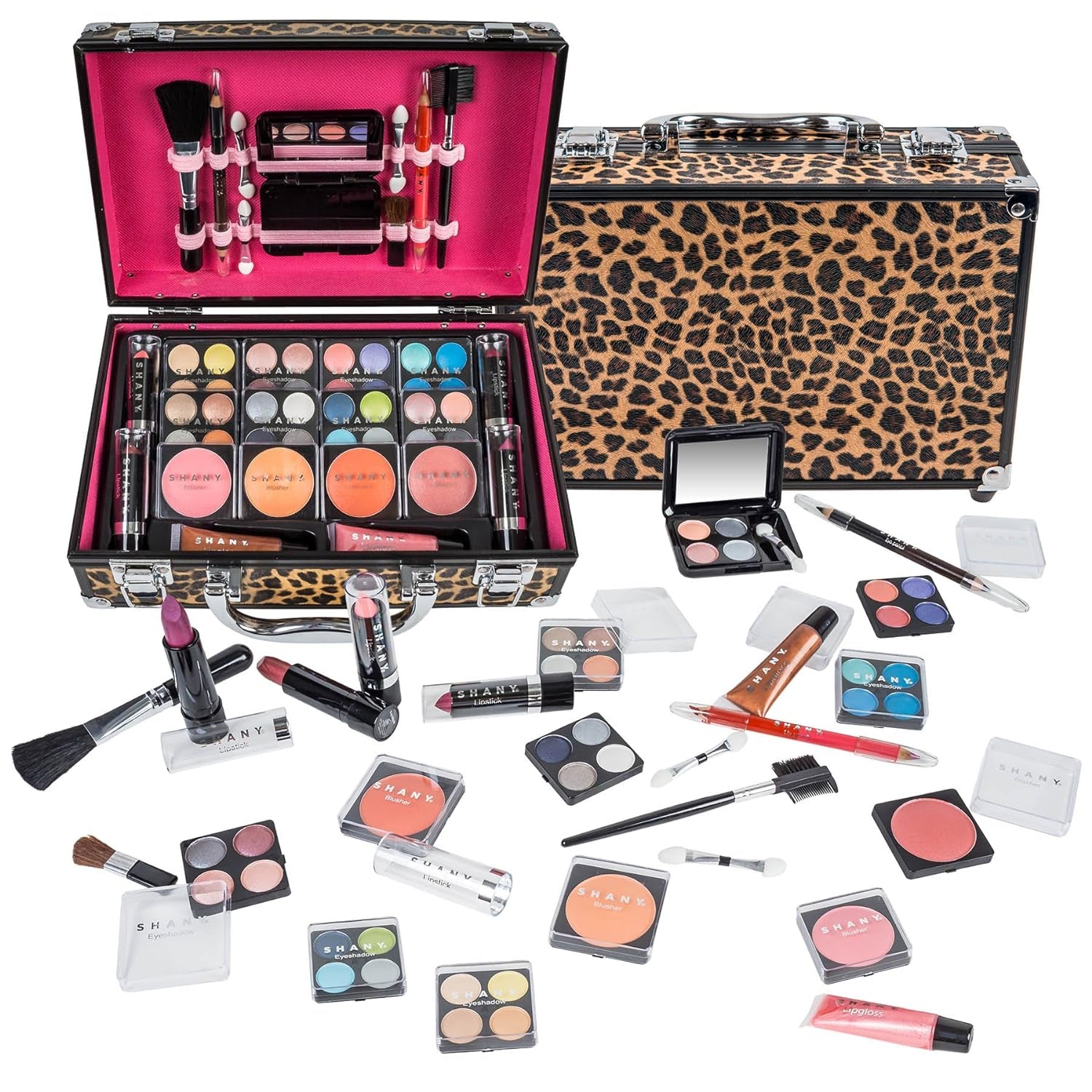 Carry All Makeup Train Case with Pro Makeup Set, Makeup Brushes, Lipsticks, Eye Shadows, Blushes, Powders, and More - Reusable Makeup Storage Organizer - Premium Gift Packaging - Leopard