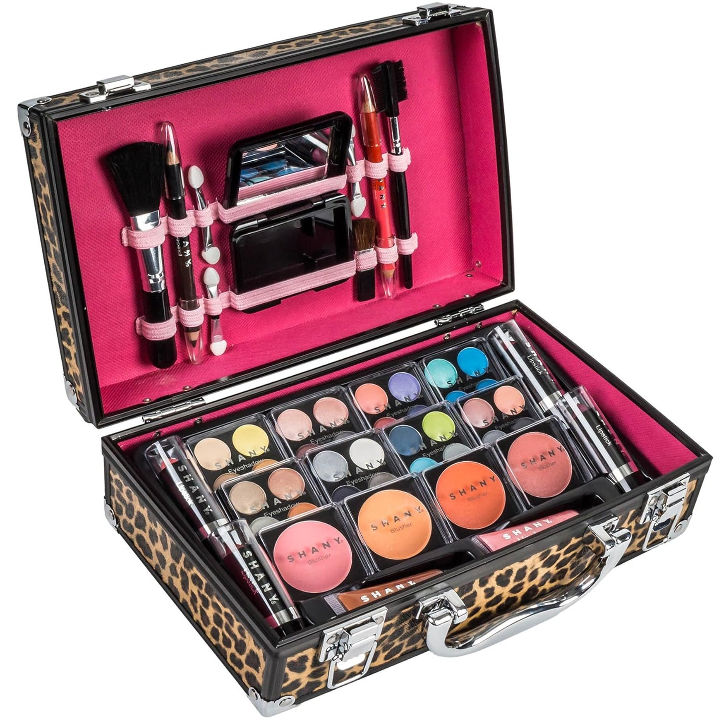 Carry All Makeup Train Case with Pro Makeup Set, Makeup Brushes, Lipsticks, Eye Shadows, Blushes, Powders, and More - Reusable Makeup Storage Organizer - Premium Gift Packaging - Leopard